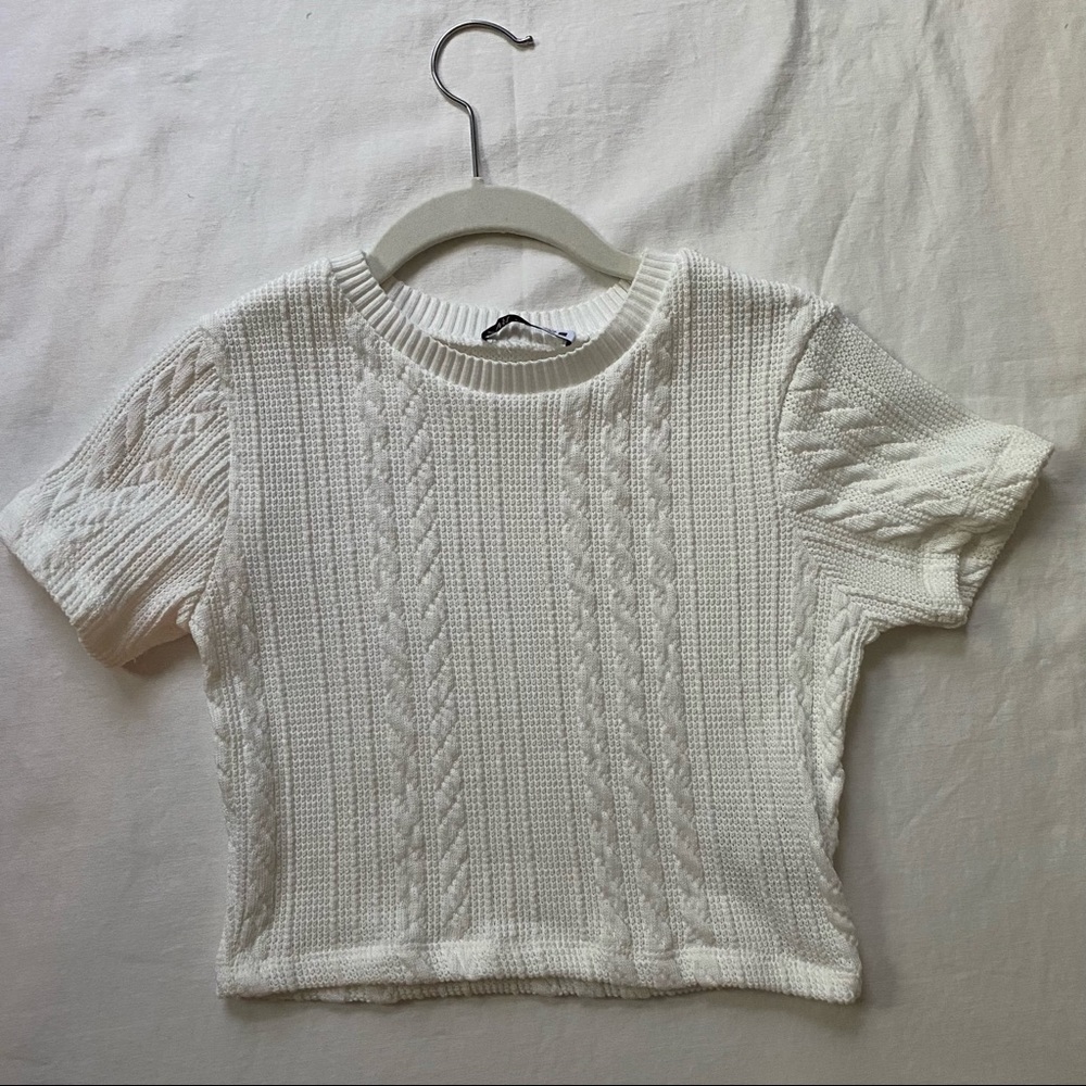 Zara White Knit Cropped T-Shirt